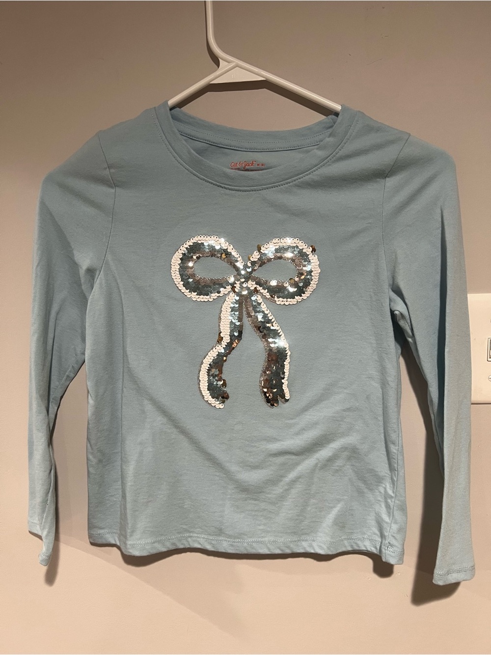 Light Blue Sequin Bow Long-Sleeve girls Top, Size: M (8)